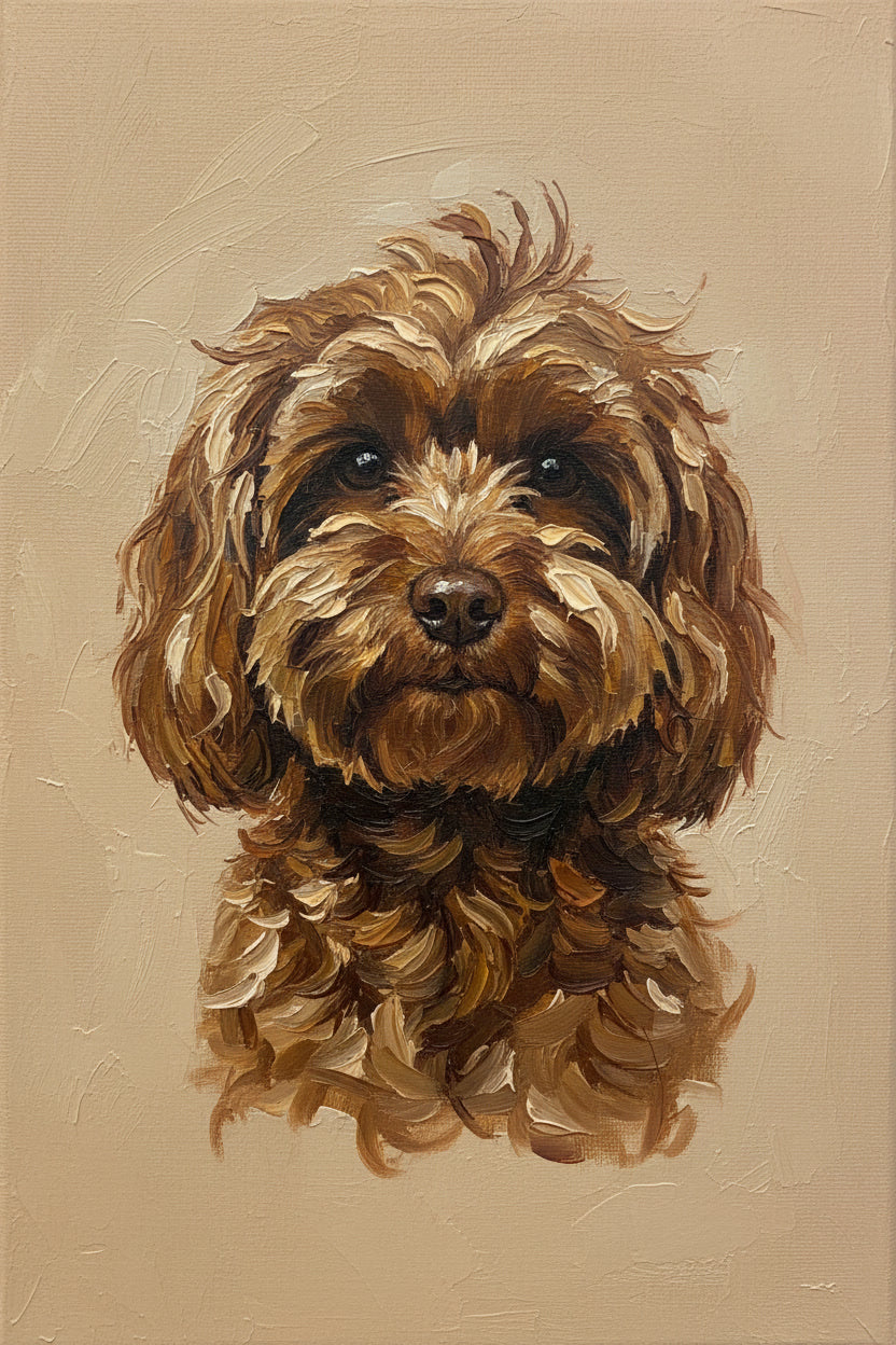Painting of a brown dog on a beige background