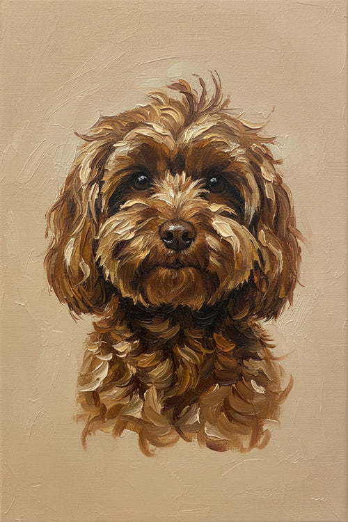 Painting of a brown dog on a beige background