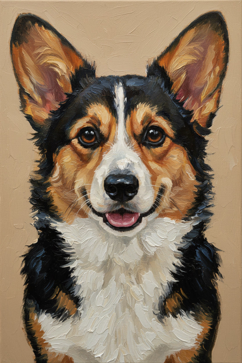 Artistic painting of a dog with a brown, black, and white coat on a beige background