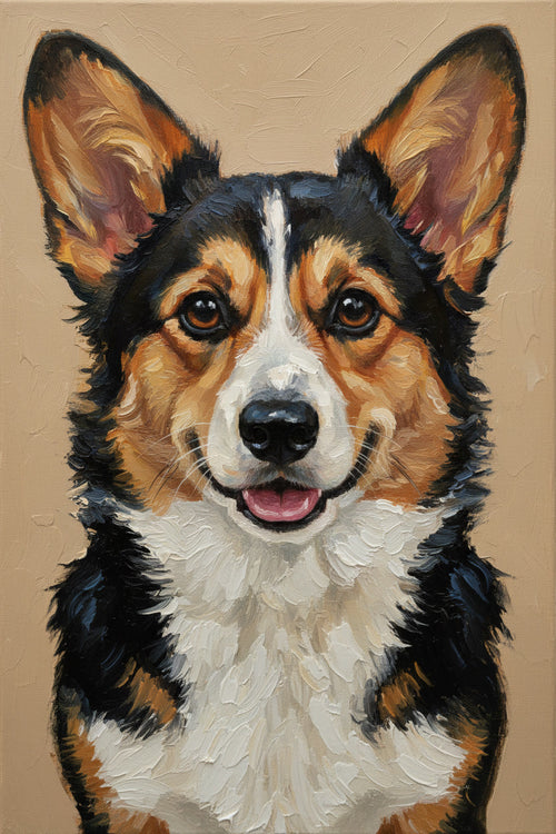 Artistic painting of a dog with a brown, black, and white coat on a beige background
