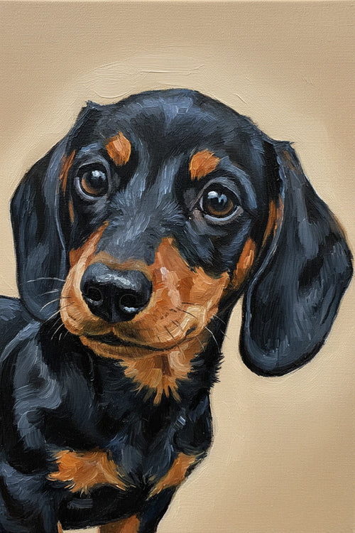 Painting of a dachshund with black and brown fur on a beige background