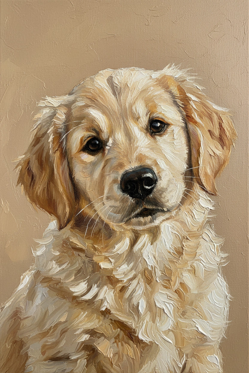 Painting of a golden retriever puppy on a beige background