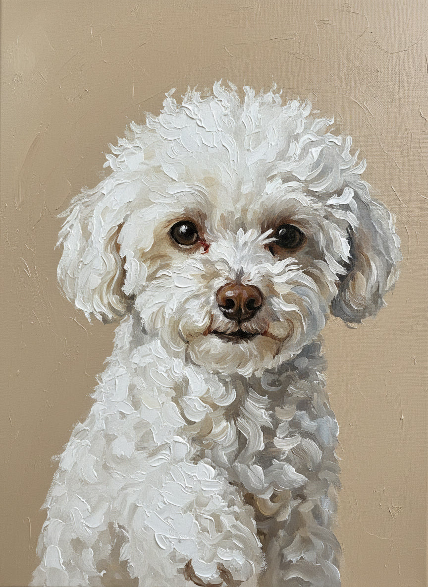 Painting of a white dog with a brown background