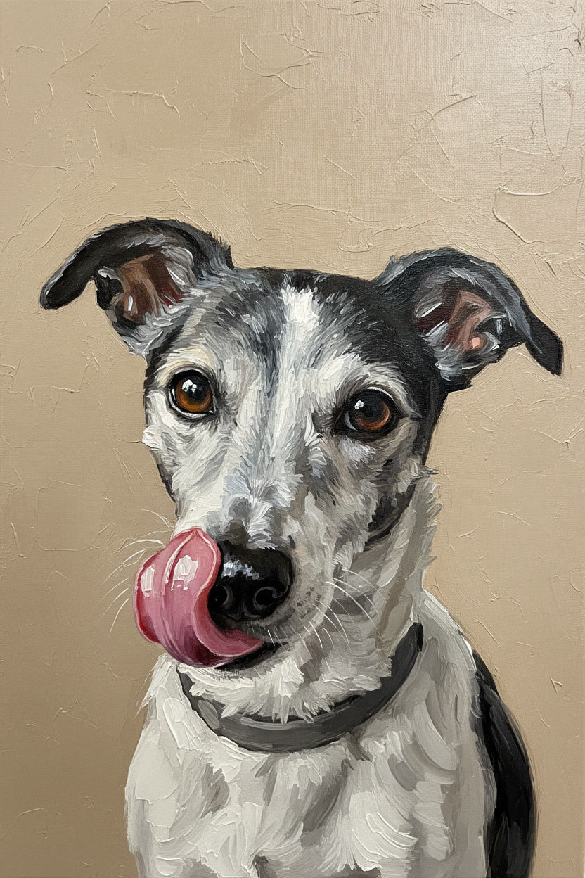Painting of a dog with a pink tongue on a beige background